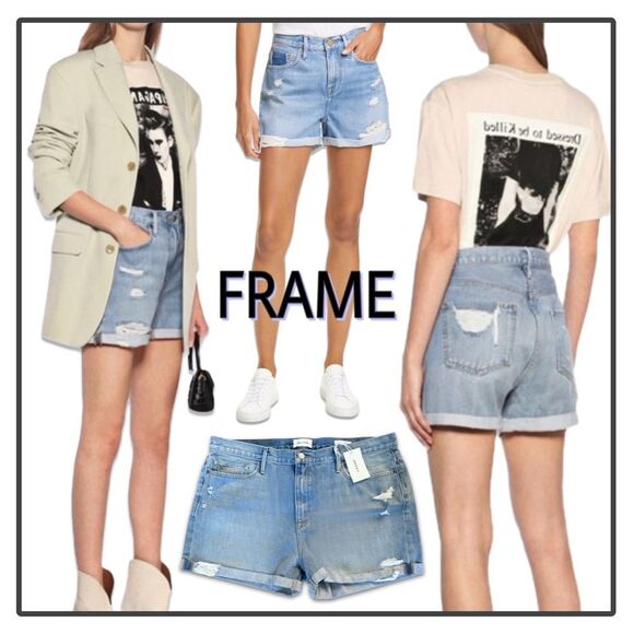 NWT Frame Denim Le Beau Distressed Cuffed Hem Jean Shorts in Elsey Rips - Picture 1 of 16
